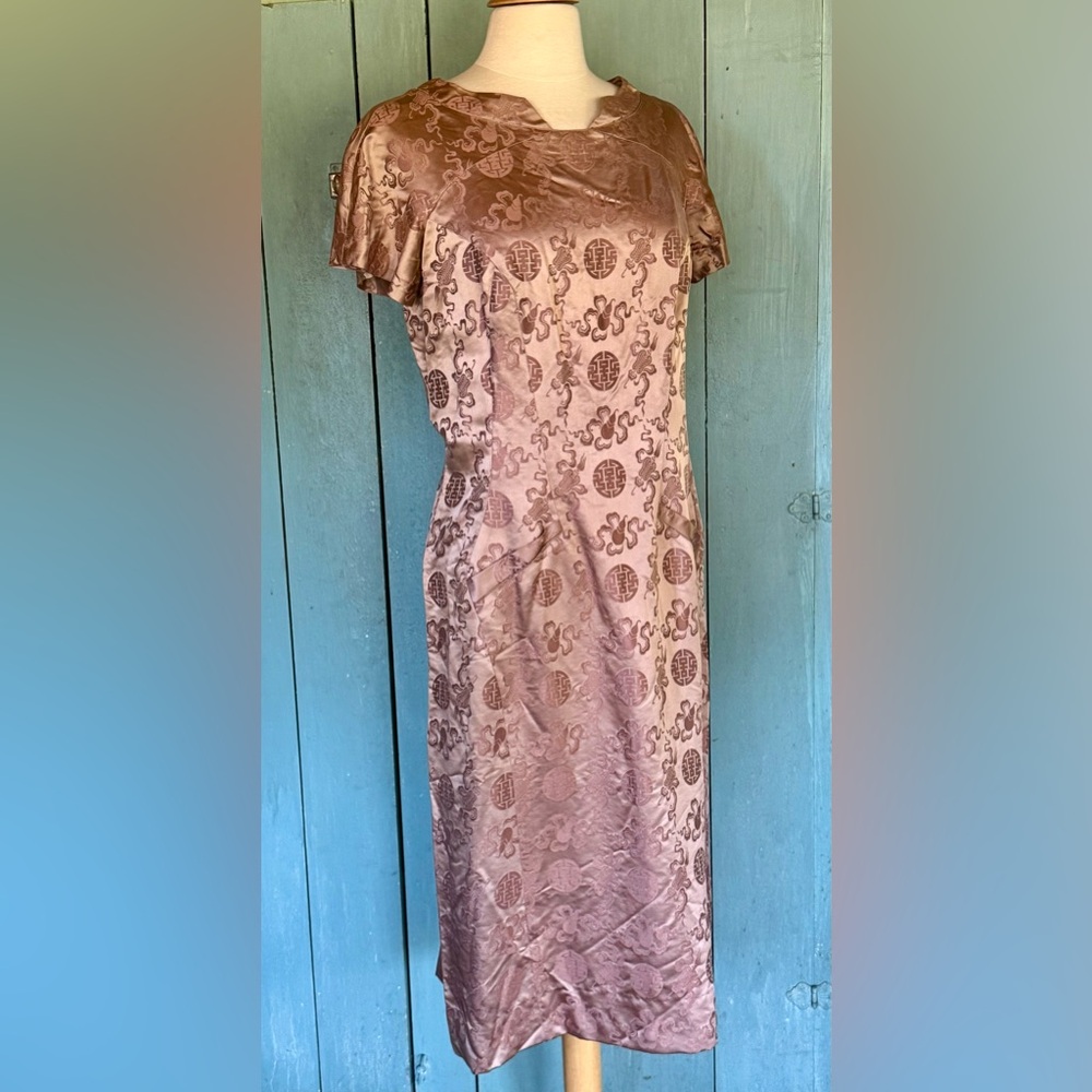 VTG 50's 60's Cheongsam Qipao Cocktail Dress Mauve Silk Brocade ~M